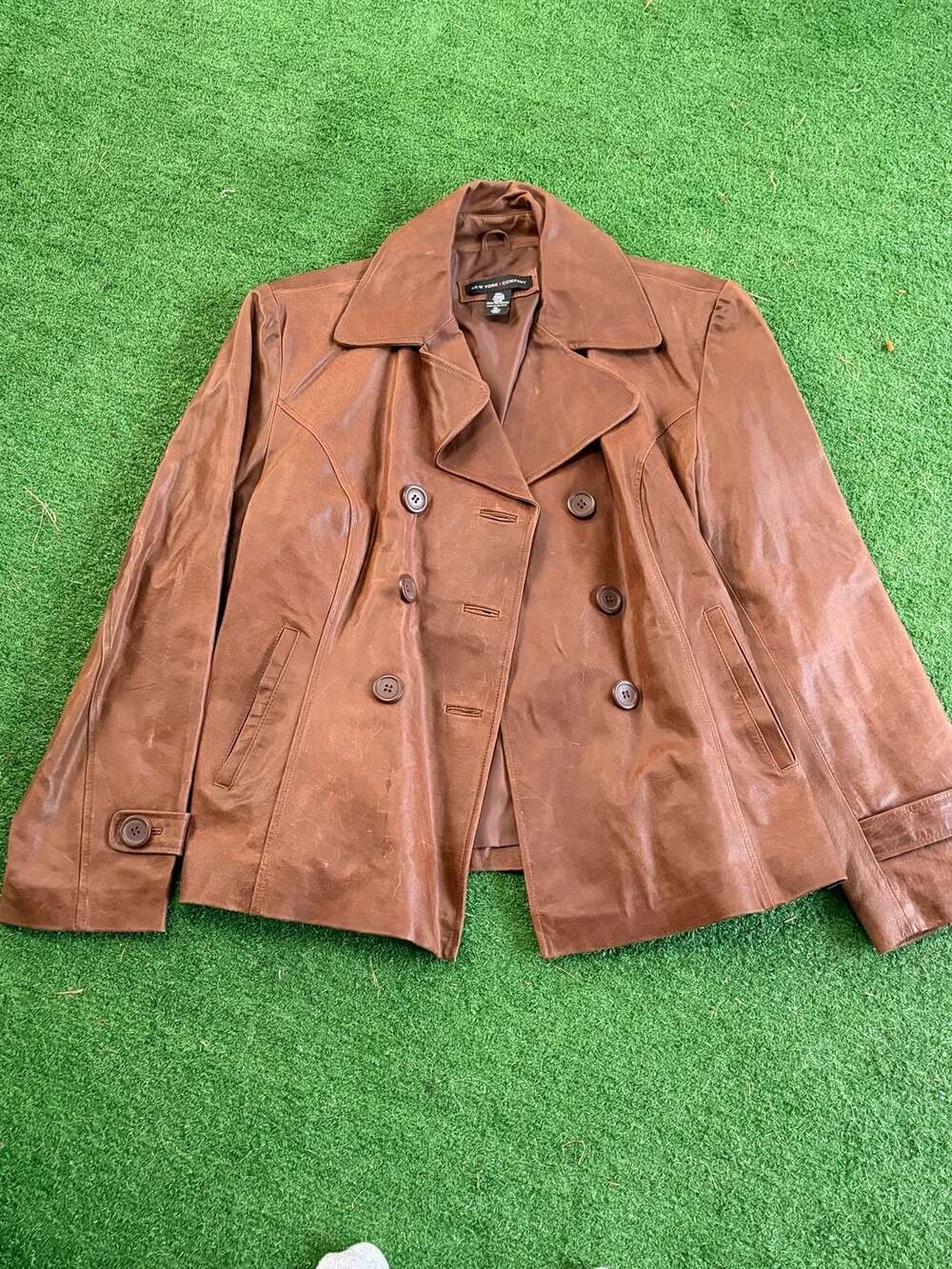 New York & Company Women's Double-Breasted Brown Genuine Leather Jacket
